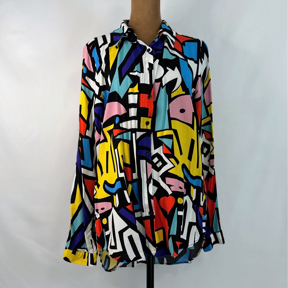 Big Dart Button Down Shirt Womens 14 Multicolor Excellent Abstract Pop Art 3721